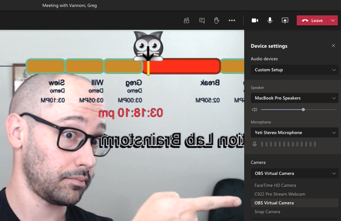 Selecting OBS Virtual Camera in Microsoft Teams